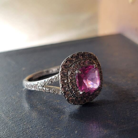 Glamorous Rhodium-Plated Size 9 Ring with Pink Gemstone and Pave Accents - Picture 8 of 16